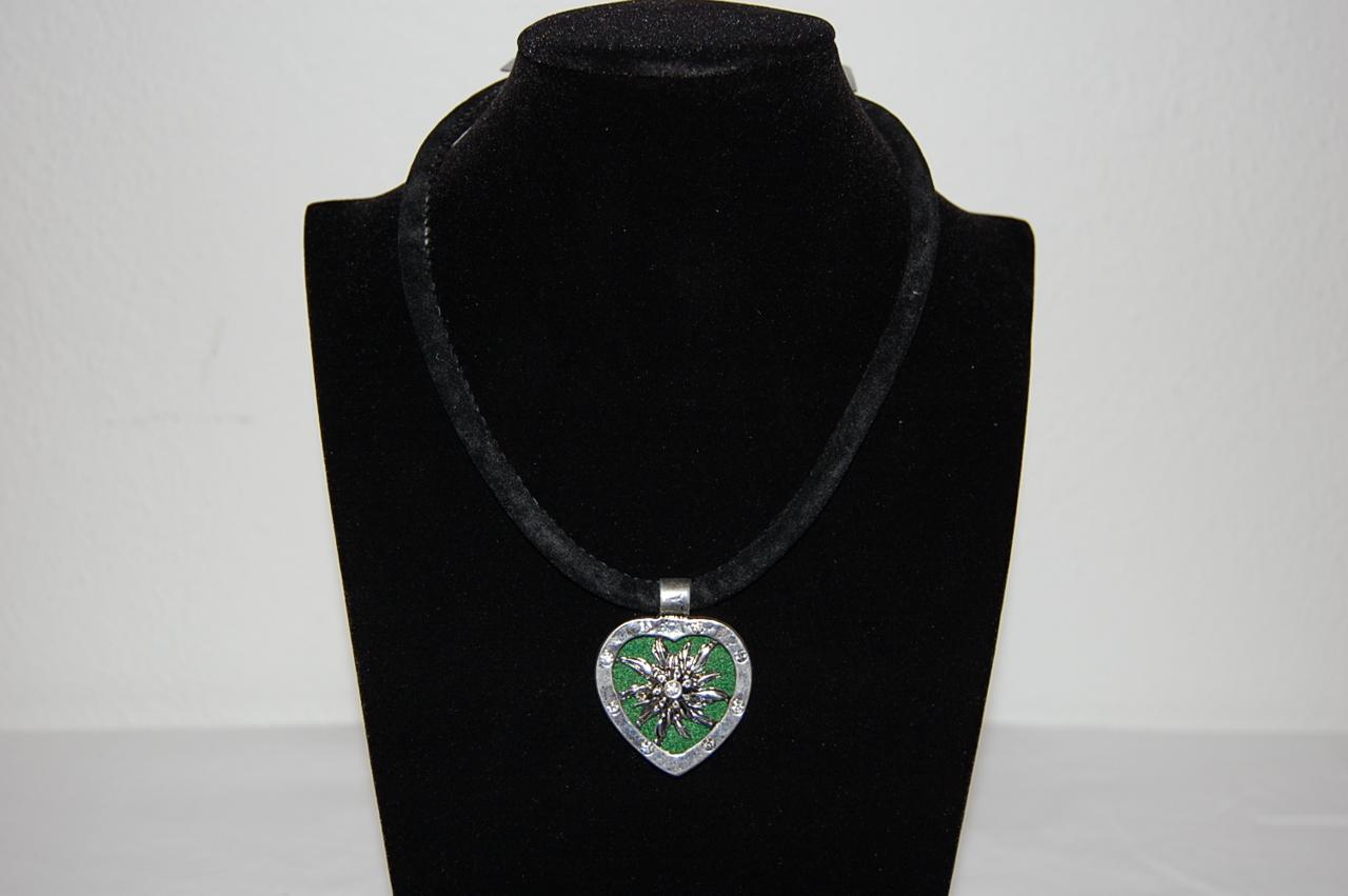 Edelweiss Trachten Kette,grün,Samtkropfband,Herzanhänger mit Strasssteinen