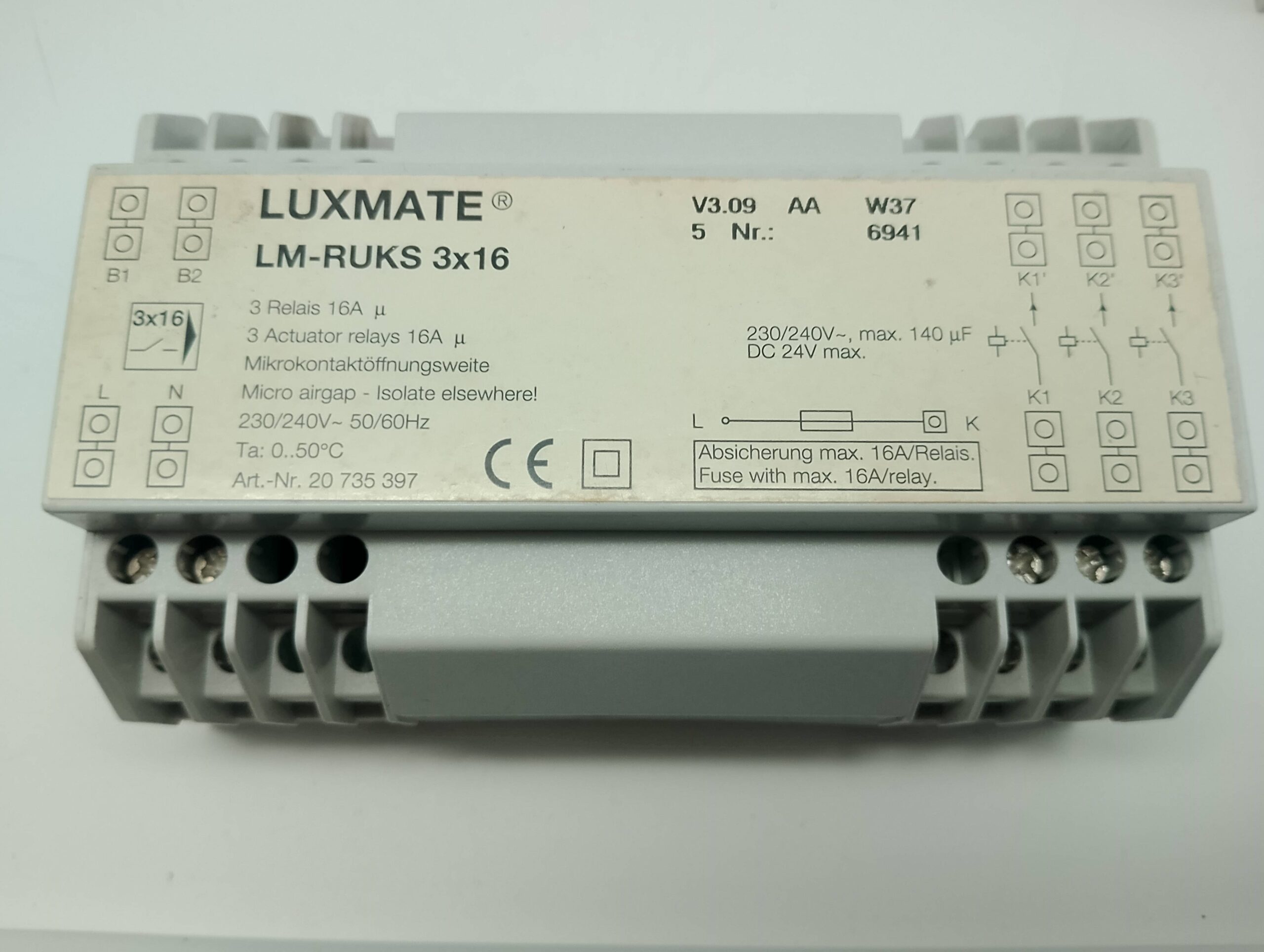 Zumtobel Luxmate, LM-RUKS 3x16A 230V/50Hz Relais Ausgangsmodul 20735397, V3.09 AA W37 5