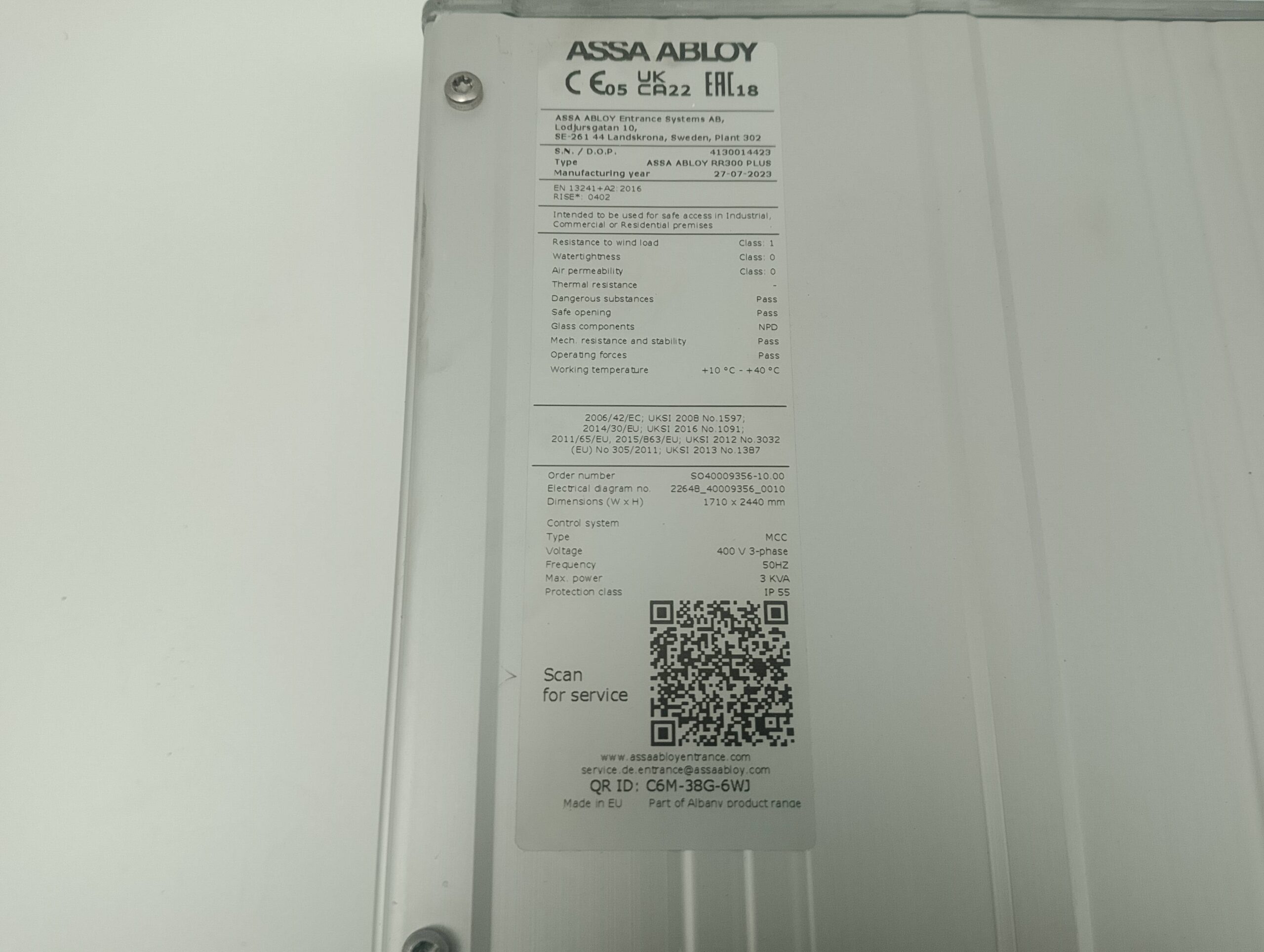 Albany Assa Abloy Torsteuerung Typ MCC RR 300 Plus 480VAC 50/60Hz 3 Phase 8FLA Leistung max. 3KVA, IP55